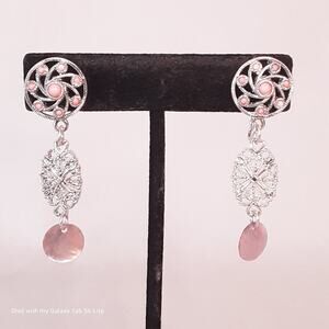 Silver Tone Filagree Dangle Drop Earrings Tiny Pink Stones